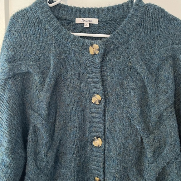 Madewell Ashmont Cable Knit Cardigan Sweater Cozy Large Wool Blend Mineral Blue - Picture 4 of 11
